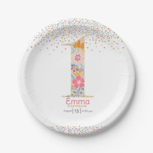 Whimsical Floral First Birthday Invitation Paper Plate