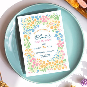 Whimsical Floral First Birthday Party Invitation