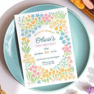 Whimsical Floral First Birthday Party Invitation
