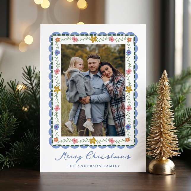 Whimsical Floral Folk Art Scalloped Frame Photo Holiday Card (Creator Uploaded)