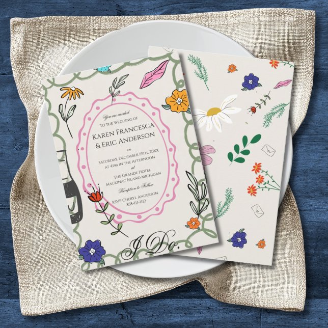 Whimsical Floral Folk Art Wedding Hand Drawn  Invitation (Creator Uploaded)