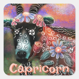 Whimsical Floral Goat Capricorn Personalised Square Sticker