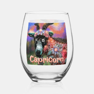 Whimsical Floral Goat Capricorn Personalised Stemless Wine Glass