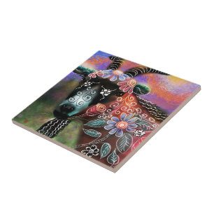 Whimsical Floral Goat Farm Animal Floral Peach Ceramic Tile