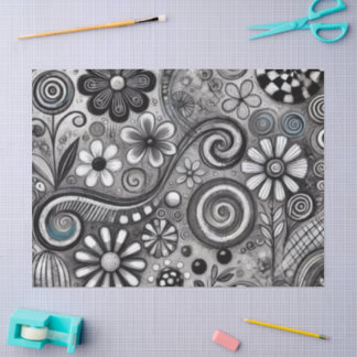 Whimsical Floral Grayscale Black White Decoupage Tissue Paper