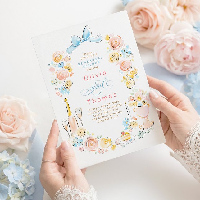 Whimsical Floral Hand Drawn Bow Rehearsal Dinner Invitation (Pastel Whimsical Tablescape Rehearsal Dinner Invitation)