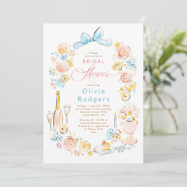 Whimsical Floral Hand Drawn Chic Bow Bridal Shower Invitation (Standing Front)