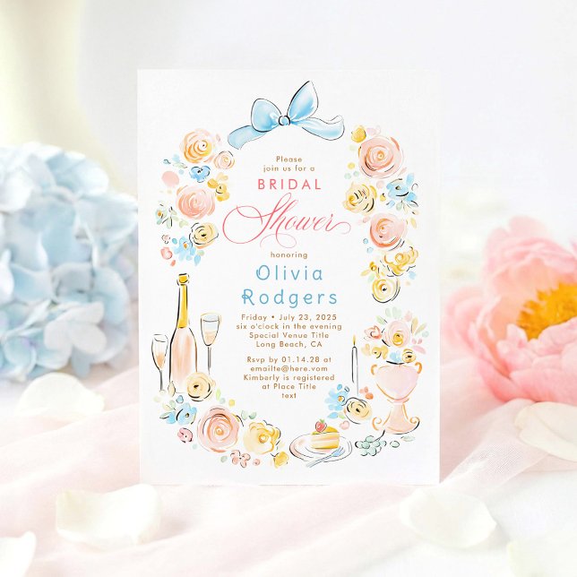 Whimsical Floral Hand Drawn Chic Bow Bridal Shower Invitation (Whimsical Pastel Floral Coquette Bow Bridal Shower Invitation)