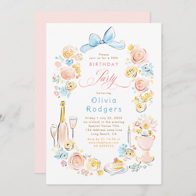 Whimsical Floral Hand Drawn Coquette Bow Birthday Invitation (Front/Back)