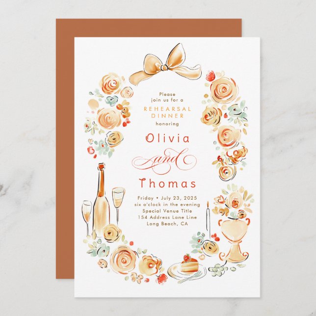Whimsical Floral Hand Drawn Fall Rehearsal Dinner Invitation (Front/Back)