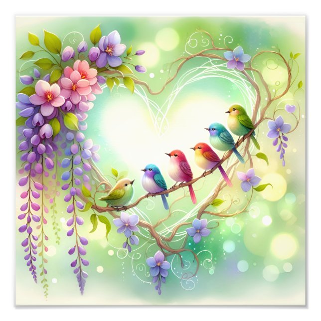 Whimsical Floral Heart Birds Watercolor Design Photo Print (Front)