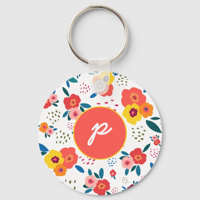 Whimsical Floral in Yellow and Coral Monogram Key Ring (Front)