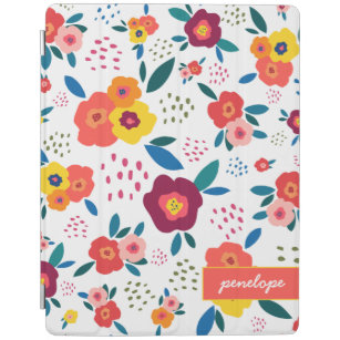 Whimsical Floral in Yellow and Coral Script Name iPad Cover