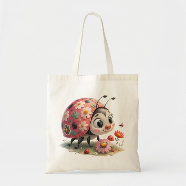 Whimsical floral ladybug tote bag (Front)