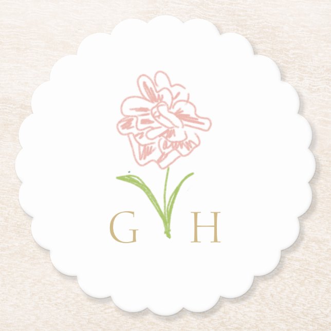 Whimsical Floral Line-drawn Rose Wedding Paper Coaster (Front)