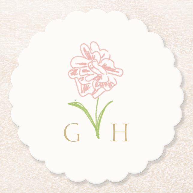 Whimsical Floral Line-drawn Rose Wedding Paper Coaster (Front)