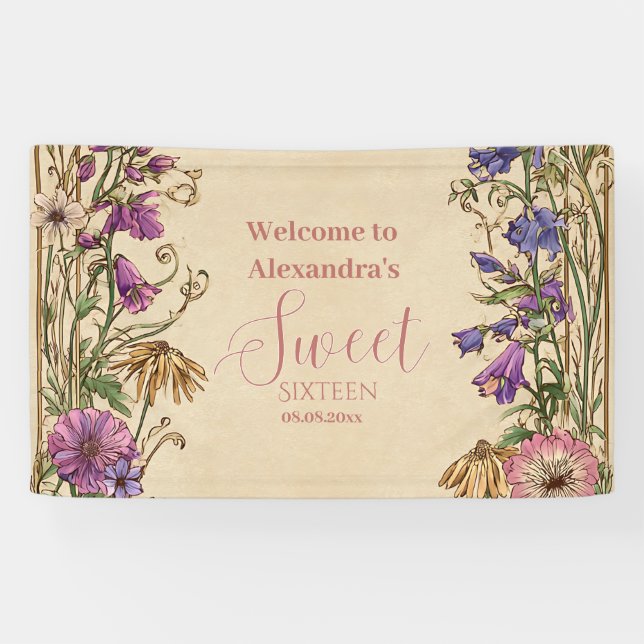 Whimsical Floral Meadow Sweet Sixteen Banner (Horizontal)