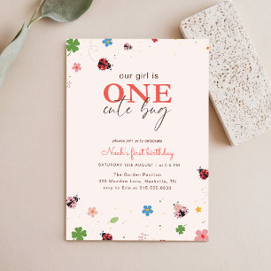 Whimsical Floral One Cute Bug Ladybug 1st Birthday Invitation