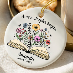 Whimsical Floral Open Book Coworker Retirement Ceramic Ornament