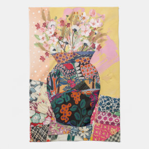 Whimsical Floral Paper Collage Mixed    Tea Towel