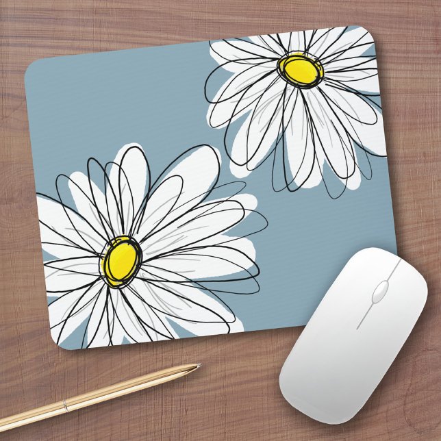 Whimsical Floral Pattern in yellow gray blue Mouse Pad (Personalized mousepad - Add Photos and Custom Text)