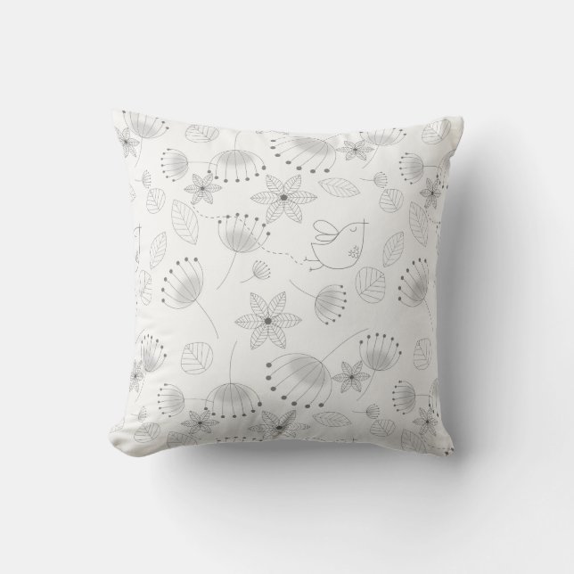 Whimsical Floral Pattern on White Cushion (Front)