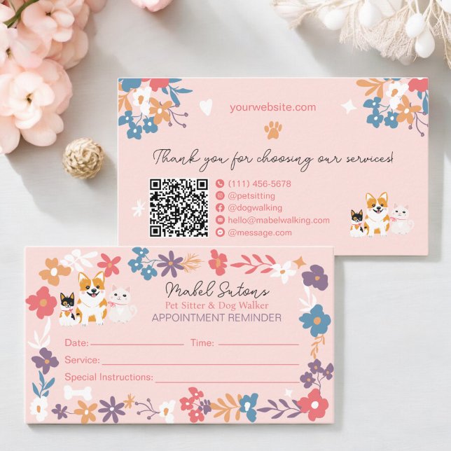 Whimsical floral pet sitter dog walker business appointment card (Whimsical floral pet sitter dog walker business appointment card)