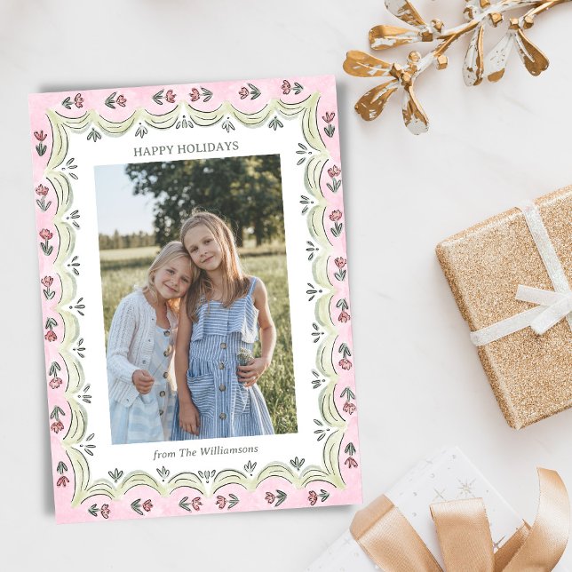 Whimsical Floral Pink Green Modern Christmas Photo Holiday Card (Creator Uploaded)