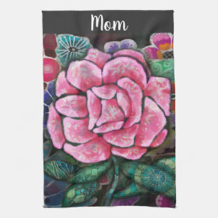 Whimsical Floral Pink Rose Art Nouveau Botanical Tea Towel