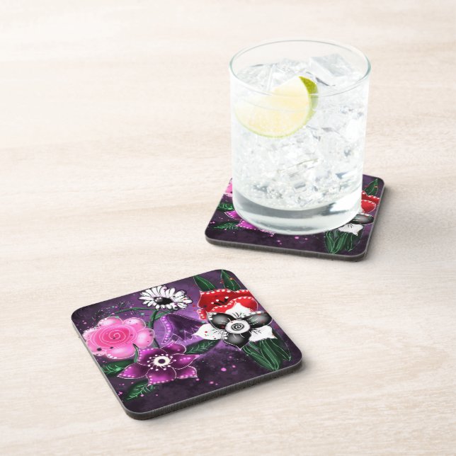 Whimsical Floral Purple Black Pink Daisy Daffodil  Coaster (Right Side)