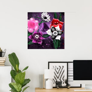 Whimsical Floral Purple Black Pink Daisy Daffodil  Poster
