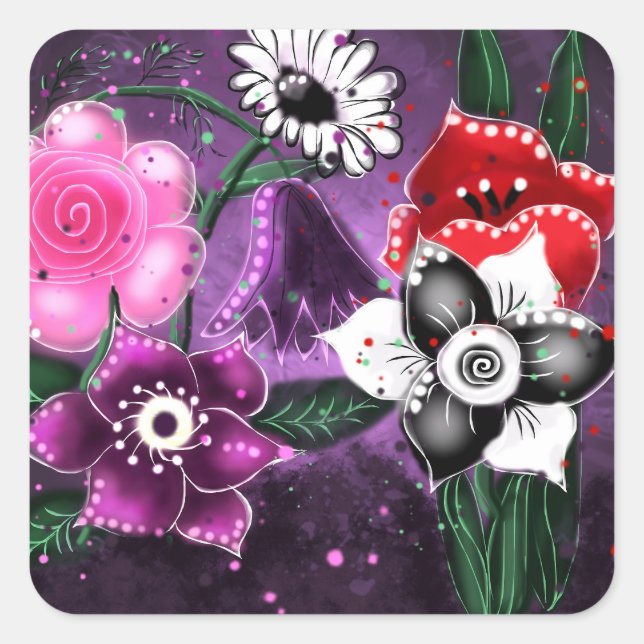 Whimsical Floral Purple Black Pink Daisy Daffodil  Square Sticker (Front)