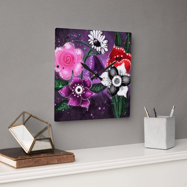 Whimsical Floral Purple Black Pink Daisy Daffodil  Square Wall Clock (Office)