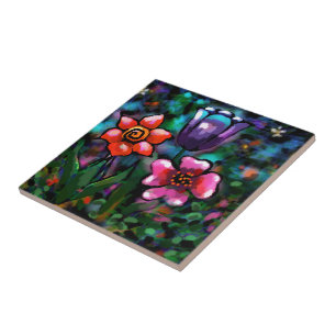 Whimsical Floral Purple Blue Pink Flower Flowers Ceramic Tile