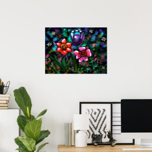 Whimsical Floral Purple Blue Pink Flower Flowers Poster
