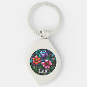 Whimsical Floral Purple Blue Pink Personalised Key Ring
