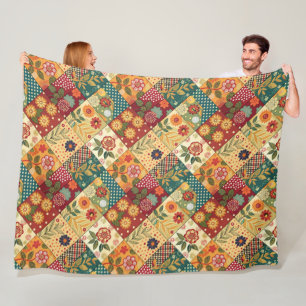 Whimsical Floral Quilt Print Pattern Fleece Blanket