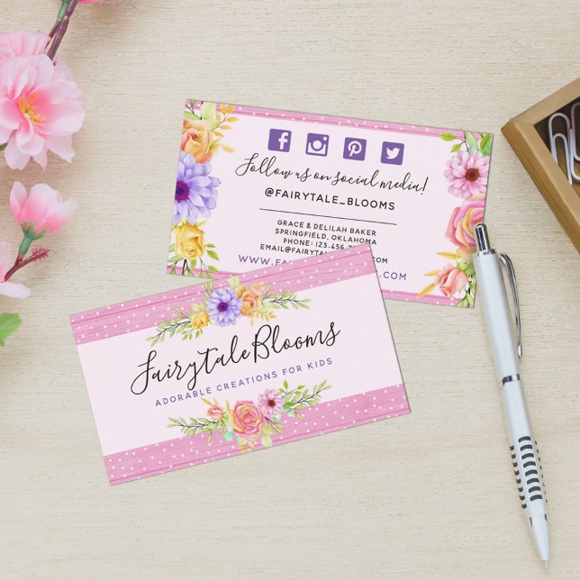 Whimsical Floral Roses & Rustic Wood Social Media Business Card (Creator Uploaded)