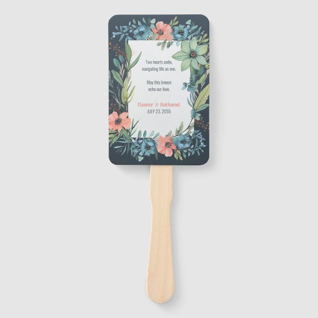 Whimsical Floral Salmon Blue Green Wedding Hand Fan (Front)
