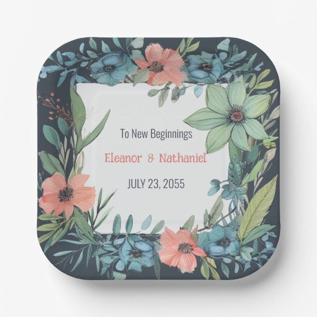 Whimsical Floral Salmon Blue Green Wedding Paper Plate (Front)