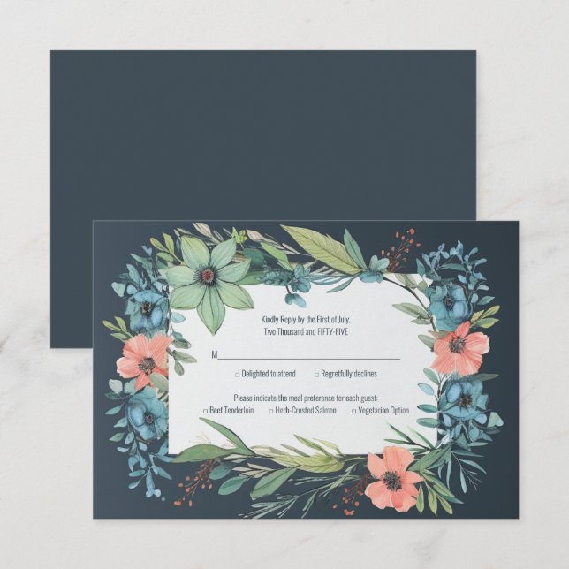 Whimsical Floral Salmon Blue Green Wedding RSVP Card (Front/Back)