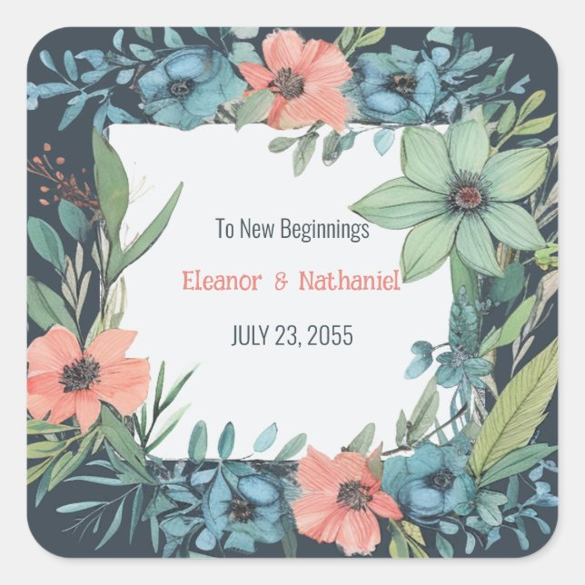 Whimsical Floral Salmon Blue Green Wedding Square Sticker (Front)