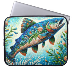 Whimsical Floral Salmon Fish Blue Green Peach Laptop Sleeve