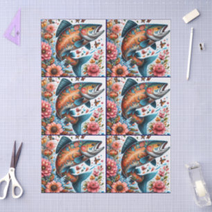 Whimsical Floral Salmon Fish Decoupage  Tissue Paper