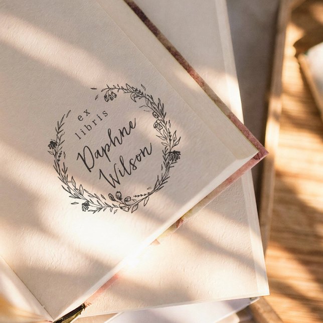 Whimsical Floral Simple Calligraphy Ex Libris Book Rubber Stamp (Creator Uploaded)