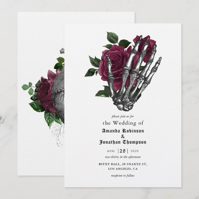 Whimsical Floral Skeleton Gothic Wedding Invitation (Front/Back)