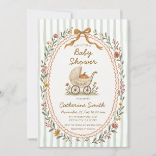 Whimsical Floral Stroller Pumpkin Baby Shower Invitation