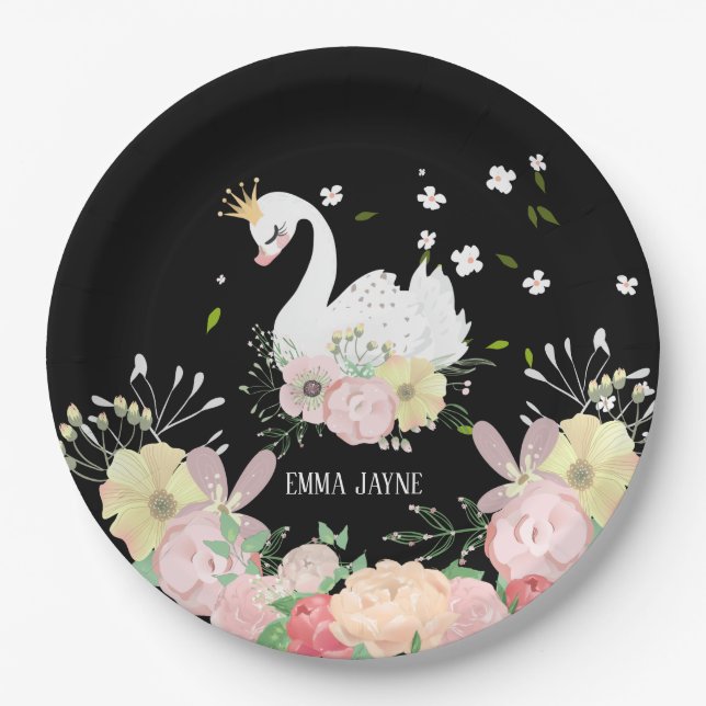 Whimsical Floral Swan Birthday Paper Plates (Front)