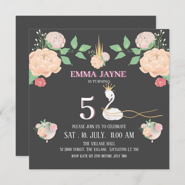 Whimsical Floral Swan Girls Birthday  Invitation (Front/Back)