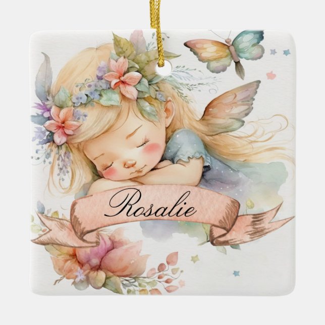 Whimsical Floral Sweet Dreams Sleeping Fairy Girl Ceramic Ornament (Front)